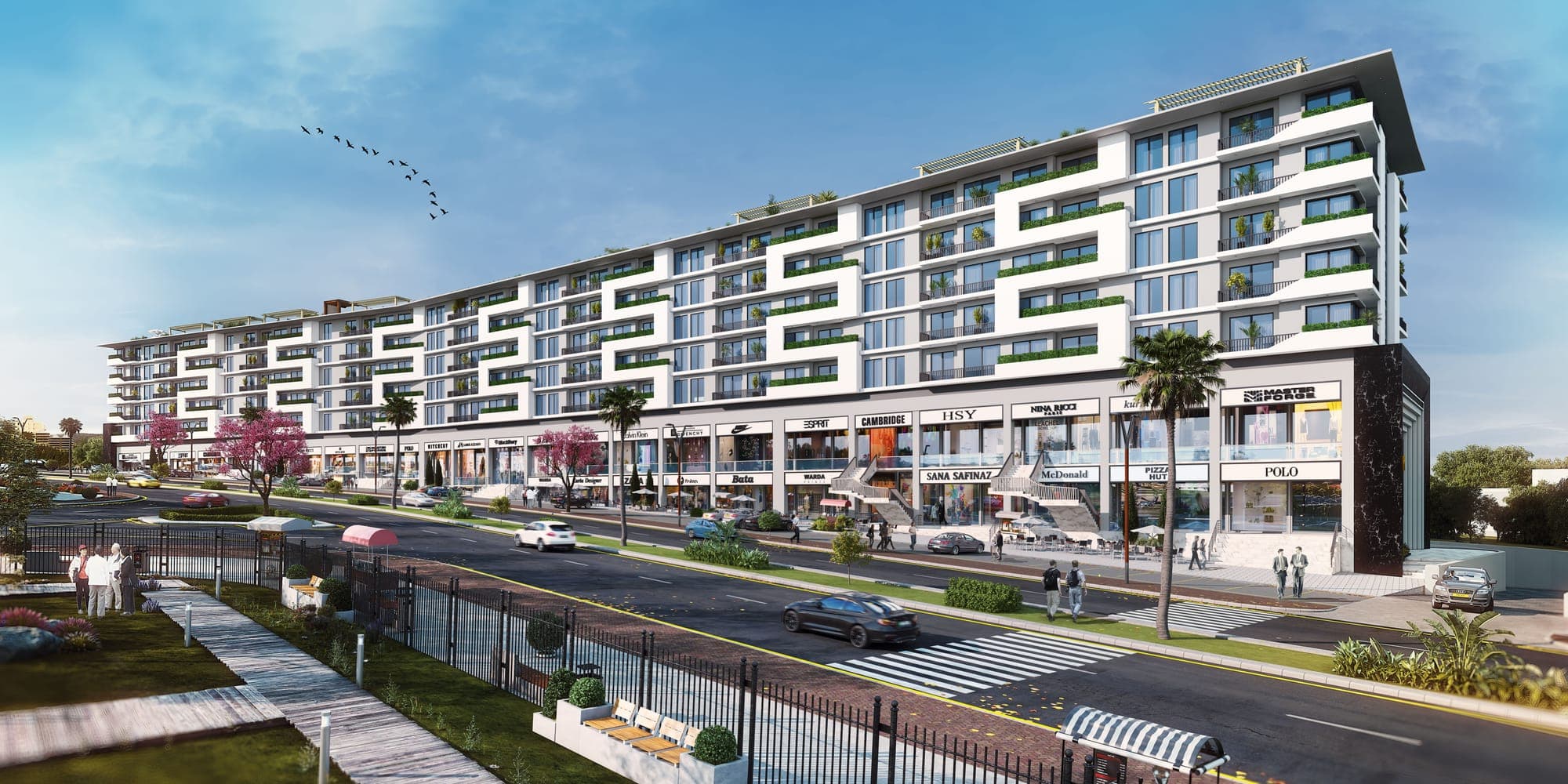 Residences above the retail boulevard, from the corner tower